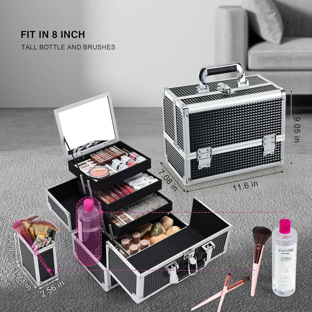3-Tray Makeup Case with Mirror & Brush Holder, 11.6" Shine Black | Travel-ready makeup train case with lots of