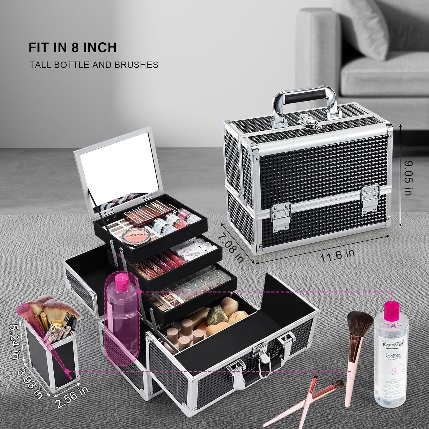 3-Tray Makeup Case with Mirror & Brush Holder, 11.6" Shine Black | Travel-ready makeup train case with lots of