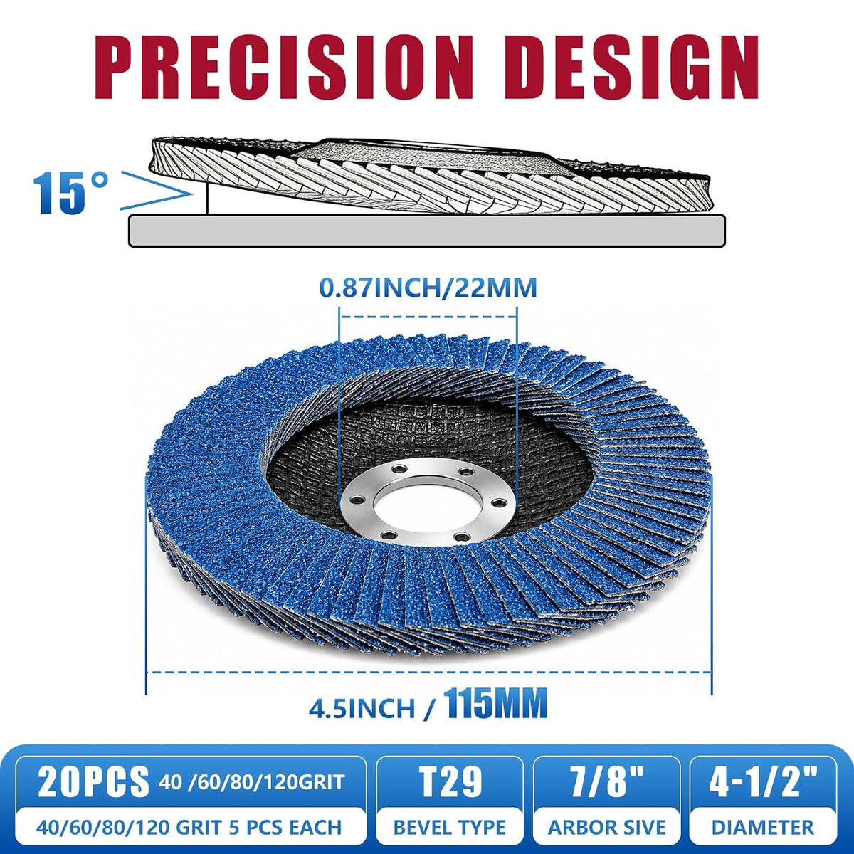 20 PCS Flap Discs 4.5" for Angle Grinder Type 29, Grit 40/60/80/120