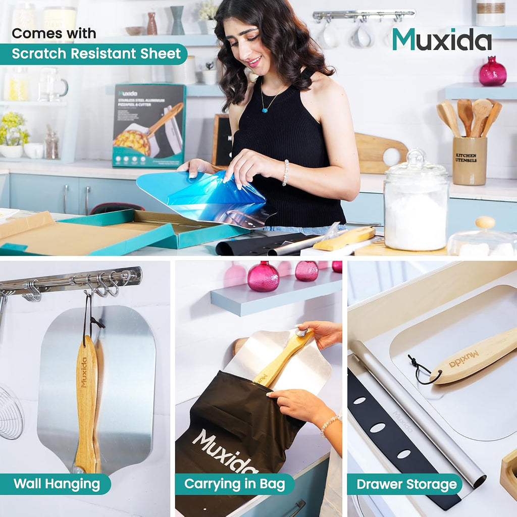 Aluminum Pizza Peel & Rocker Cutter Set (12" x 14") Premium Stainless Steel Pizza Paddle with Foldable Wooden Handle