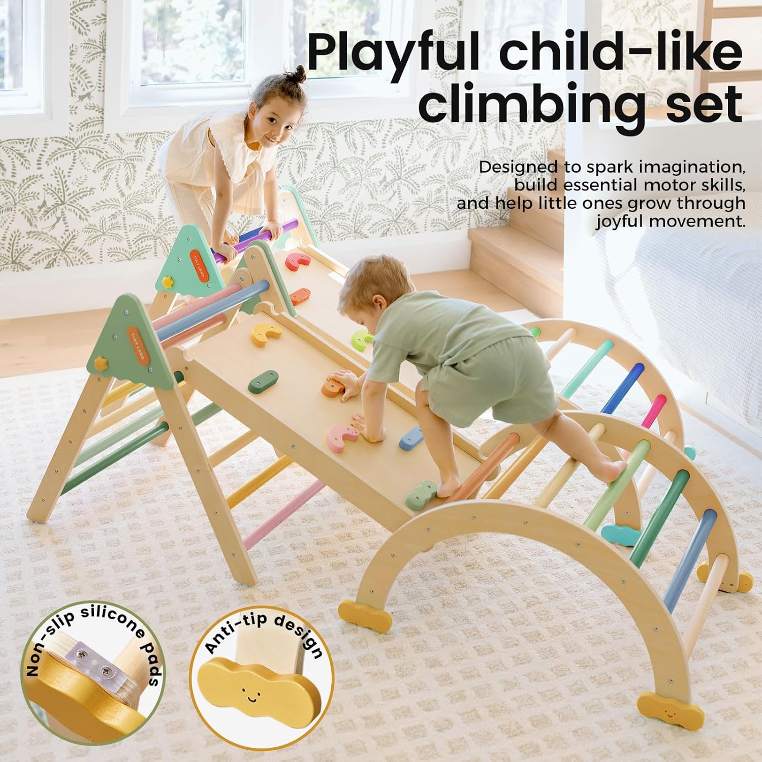 Pikler Triangle Set,7-in-1 Foldable Montessori Toddler Climbing Toys Indoor, Wooden Playground Jungle Gym for Kids