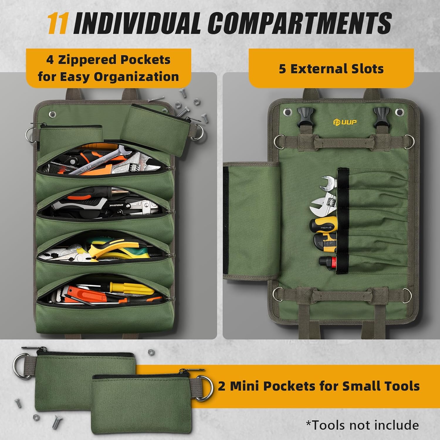 Tool Bag Roll Up, UUP Heavy Duty Portable Soft Tool Storage, Foldable Empty Rollup Organizer with Small Pockets