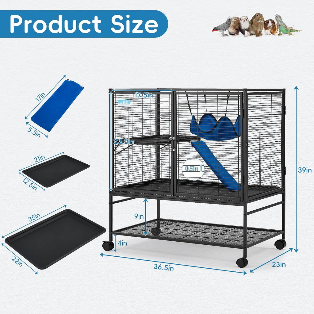 40''H Large Metal Rolling Ferrets Cage, 2-Tiers Small Animal Cages, Cage for Rats/Chinchillas, 0.5'' Bar Spacing for
