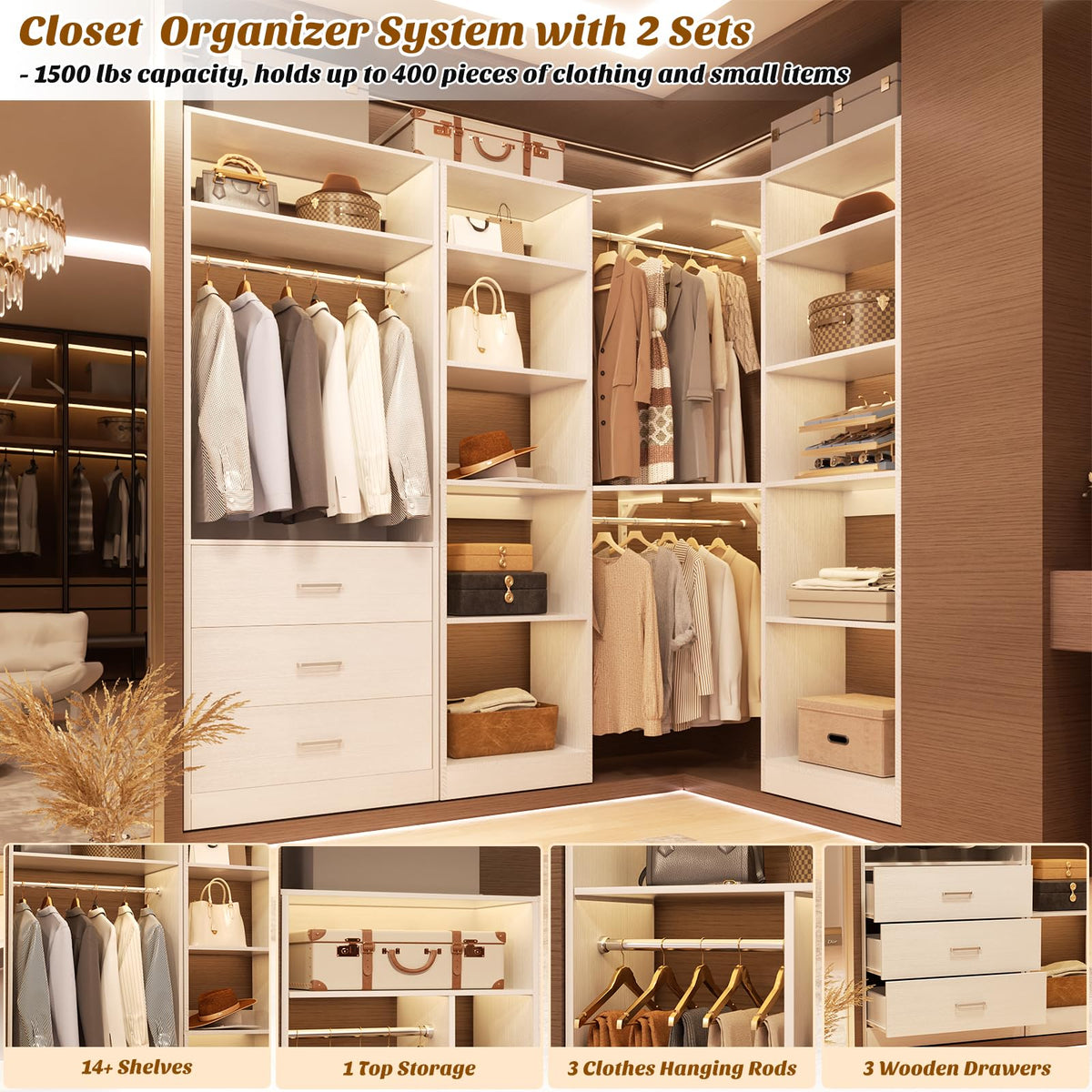 Corner Closet System with 3 Drawers, Corner Closet Organizer System