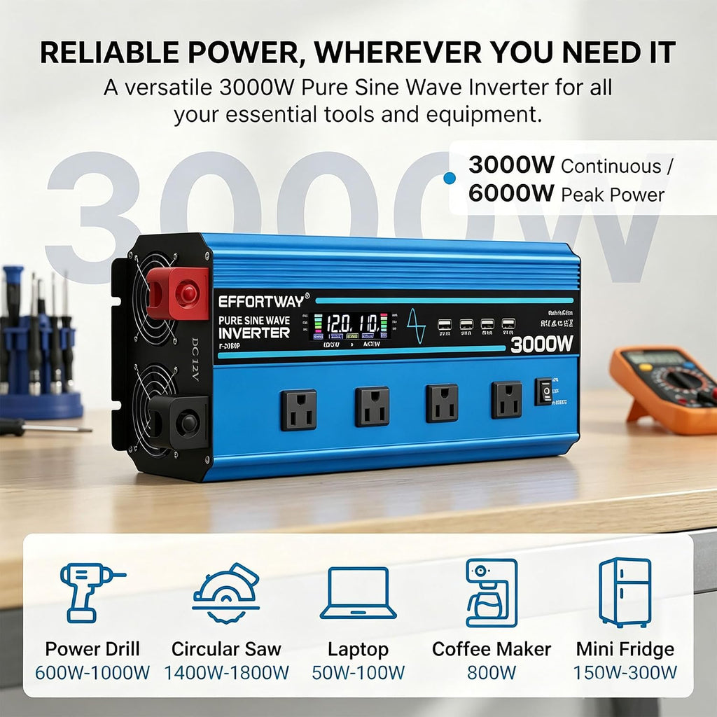 3000w Pure sine Wave Inverter DC 12V to AC 110V/120V Converter, 6000w (Peak) with LCD Display, Wireless/Wired Remote