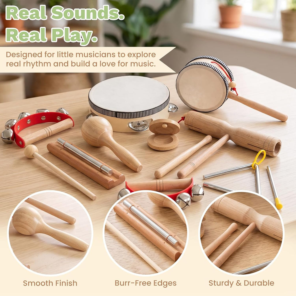 Wooden Musical Instruments Set for Toddlers 1-3, Montessori Baby Toys | Natural Wood Percussion Instruments Xylophone