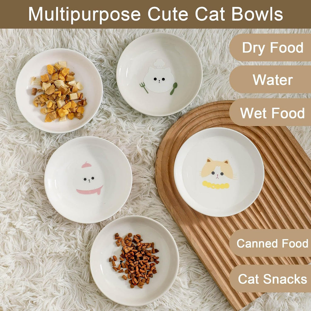 Ceramic Cat Bowls Set - 5.7 inch Wide Cat Food Bowls Whisker Fatigue Friendly, 5 Colorful Kitten Dish Plates with