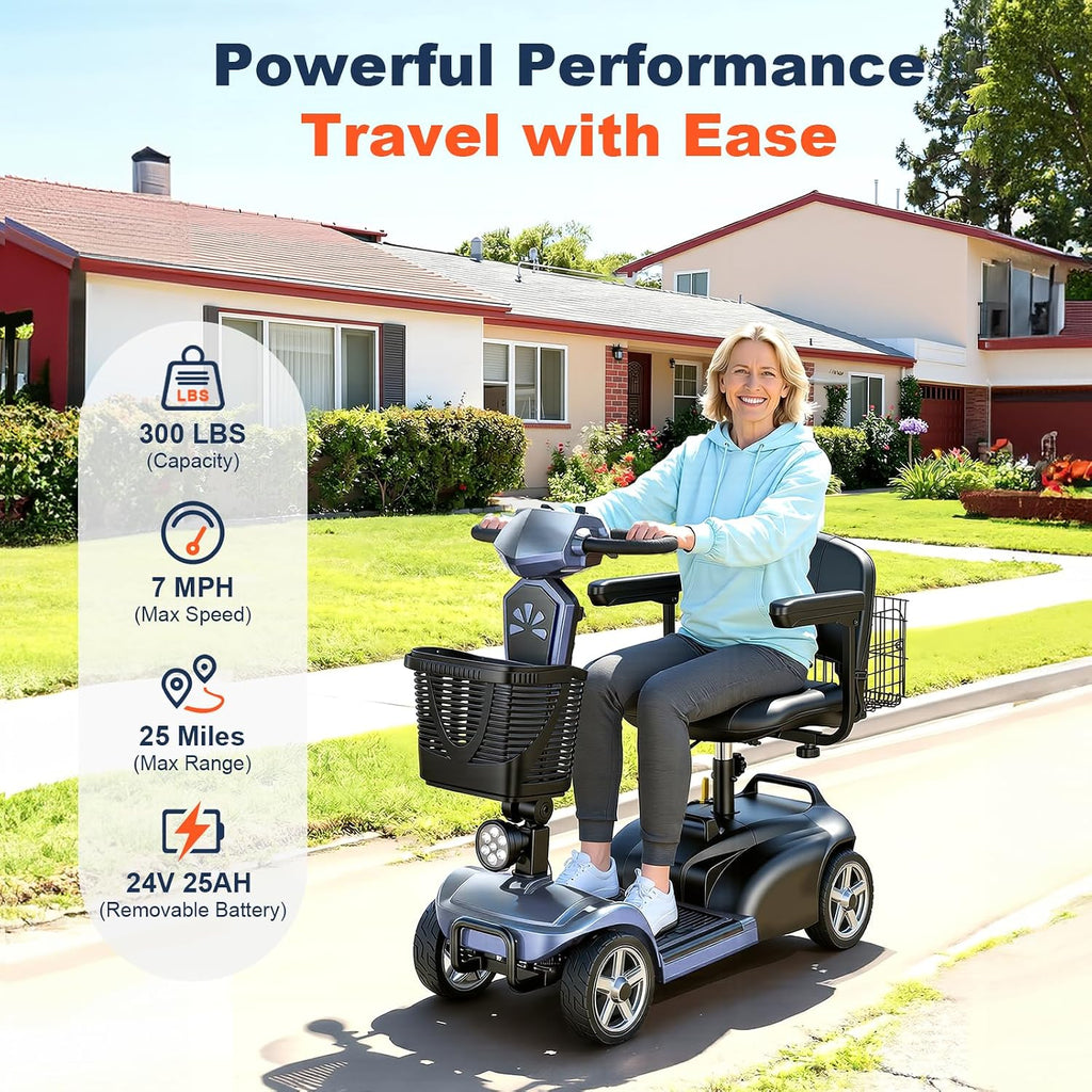 25Miles Eldryvon 4 Wheels Electric Mobility Scooter for Seniors, Dual Basket, 350W Powered Wheelchair with Rotating
