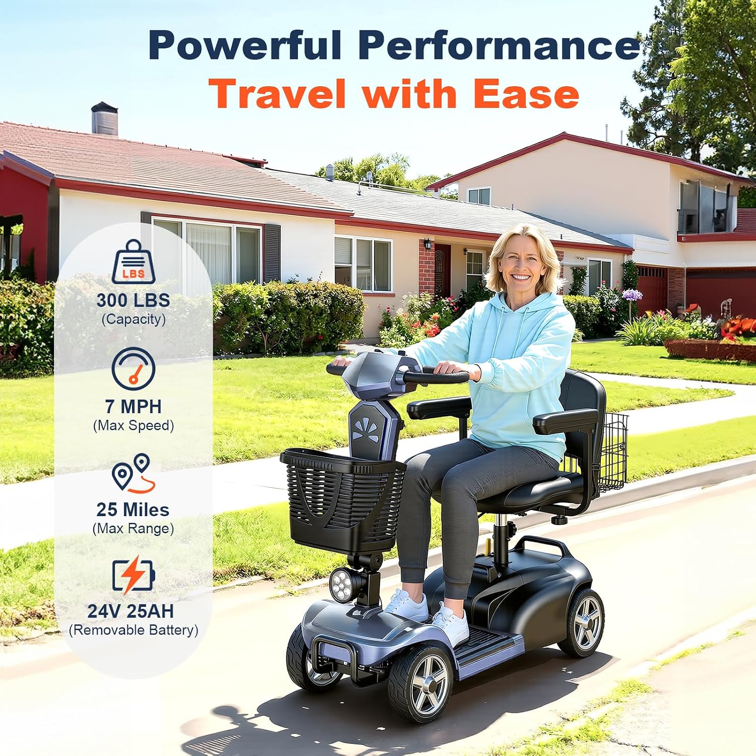 25Miles Eldryvon 4 Wheels Electric Mobility Scooter for Seniors, Dual Basket, 350W Powered Wheelchair with Rotating