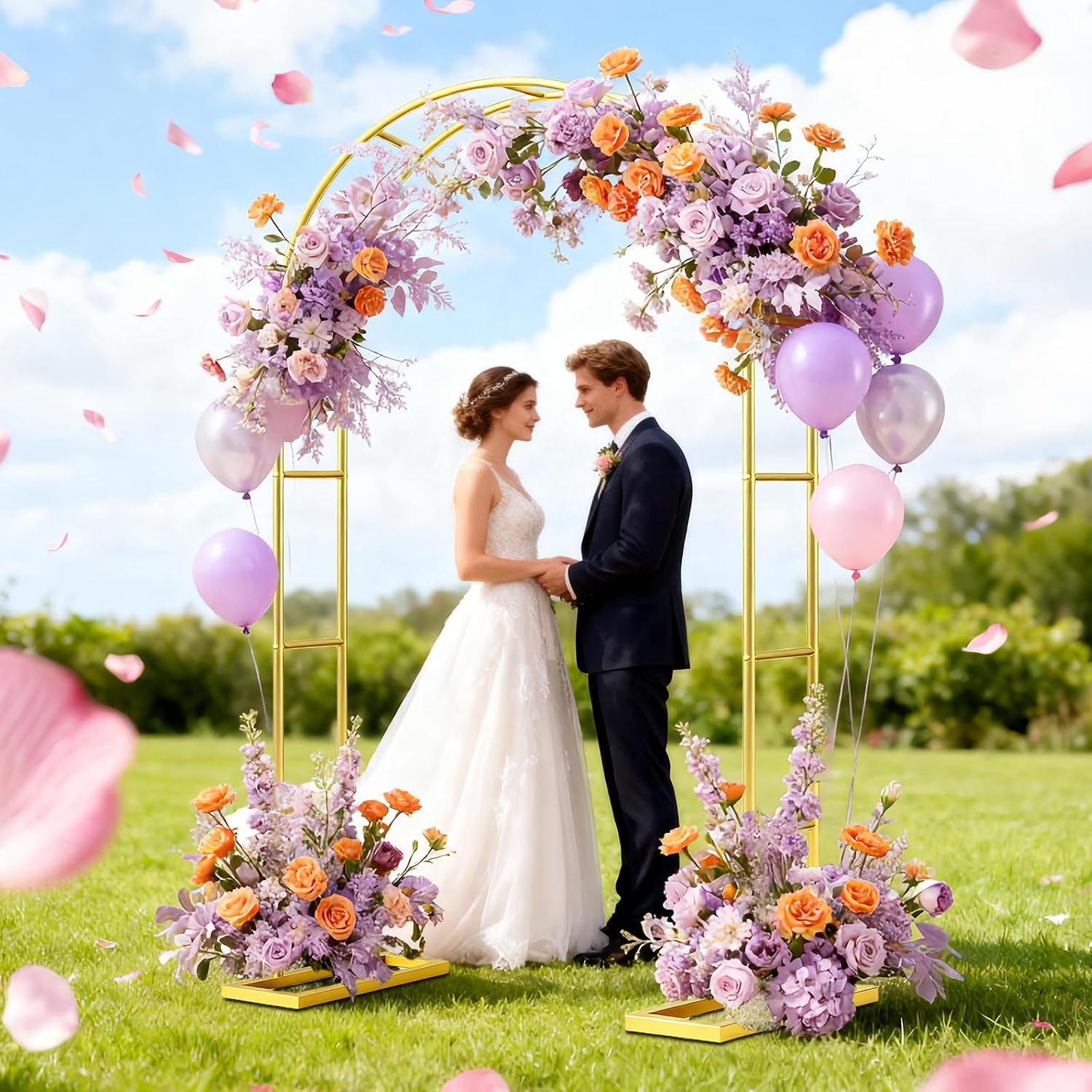 7.2FT Wedding Arch Backdrop Stand Metal Frame Gold Pergola Arbor with Base