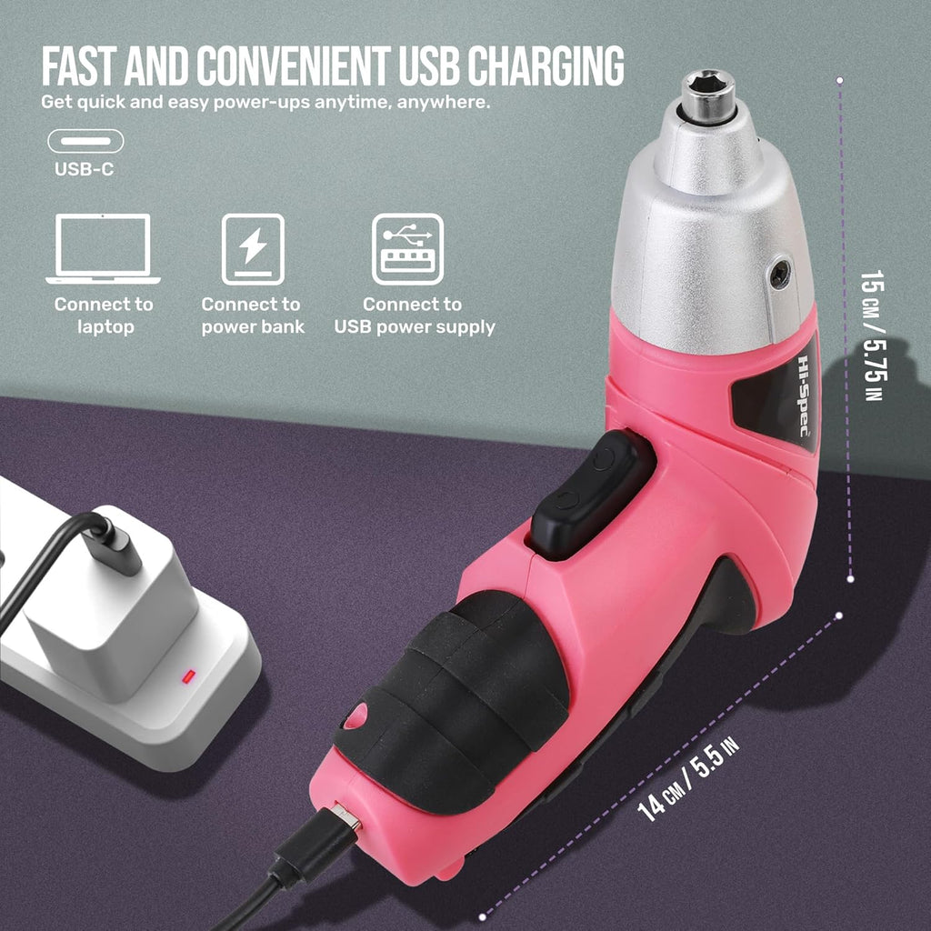 Cordless Electric Screwdriver, Power Screw Driver Set with Pink Compact Tool Kit for Small Repair and Maintenance