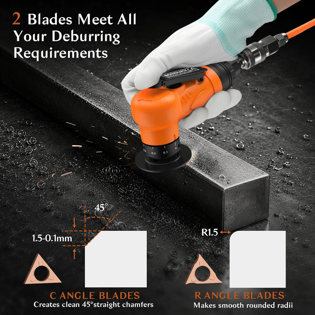 Pneumatic Chamfer Tool, 6 C & 6 R Angle Blades, 30000 RPM- Orange