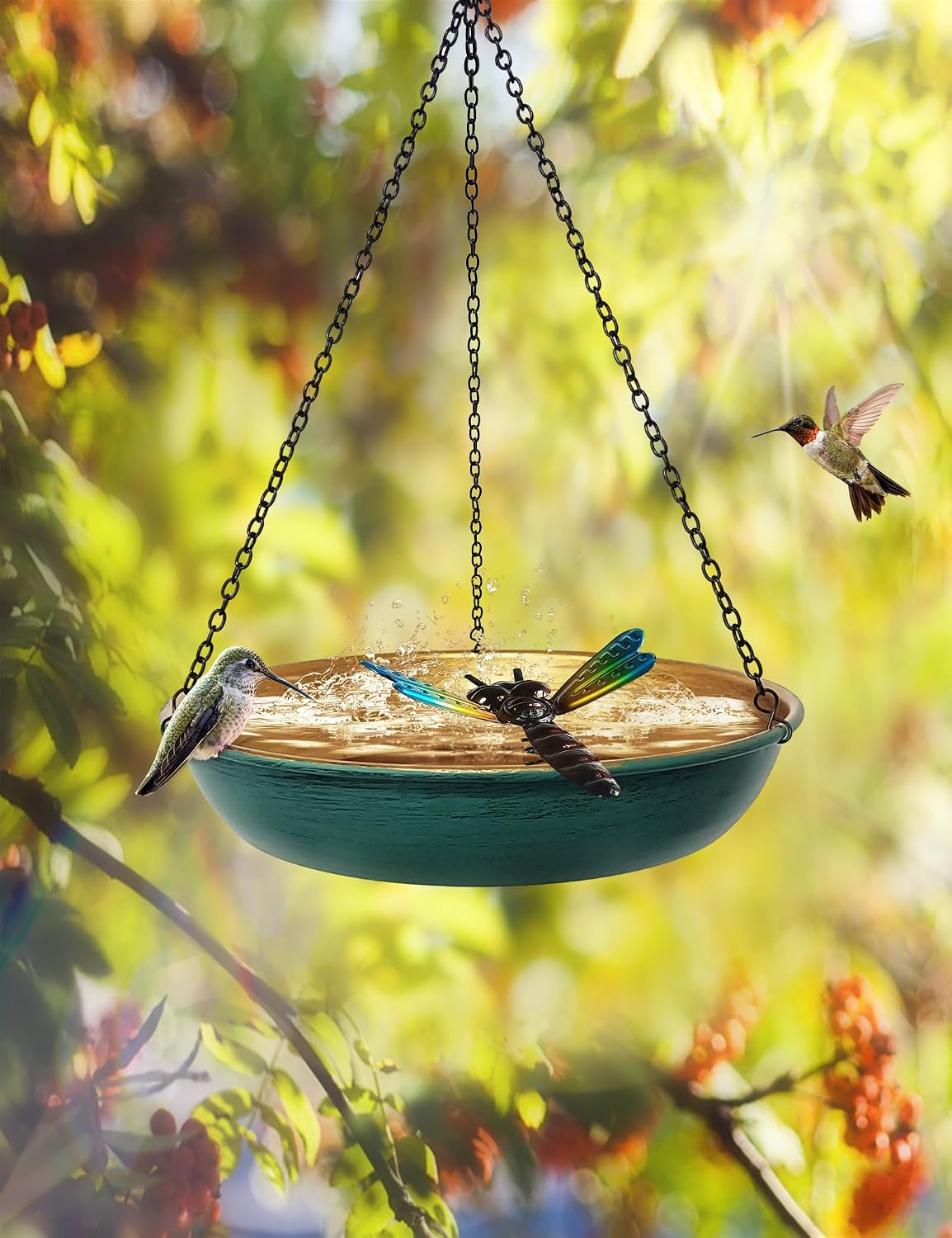 Hanging Bird Bath & Feeder Outdoor, 11 in Green/Bronze Metal Birdbath Bowl