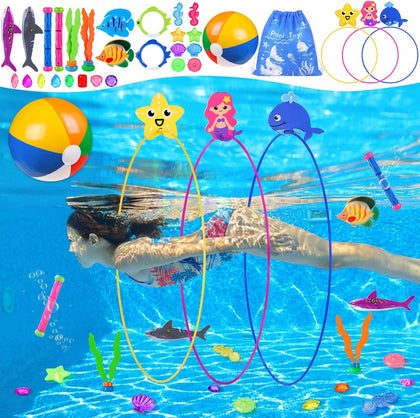 31 PCS Pool Diving Toys Swim Birthday Game Party Favors for Kids | Big Swim Thru Rings Pool Toys Summer Underwater