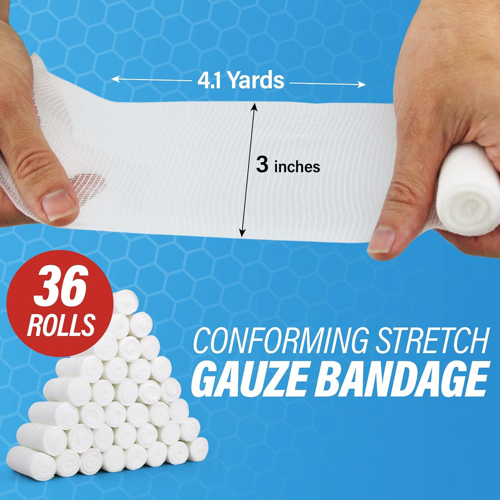 Gauze Rolls –36 Rolls- Premium First Aid Supplies for Safe Adventuring–Flexible, Stretchable, Breathable Gauze