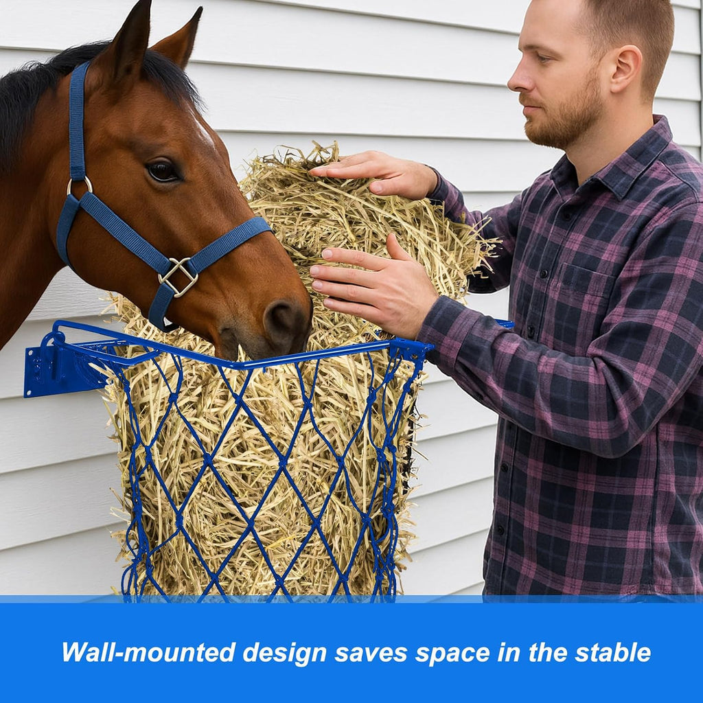 2 Set Wall Mount Hay Feeder for Horse Goats Hay Rack with Net, Blue