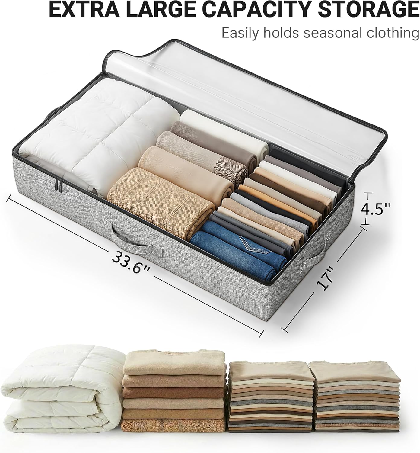 2-Pack Under Bed Storage Containers, 4.5 Inches Tall Low Profile Underbed Clothes Storage Organizer Bin with Sturdy