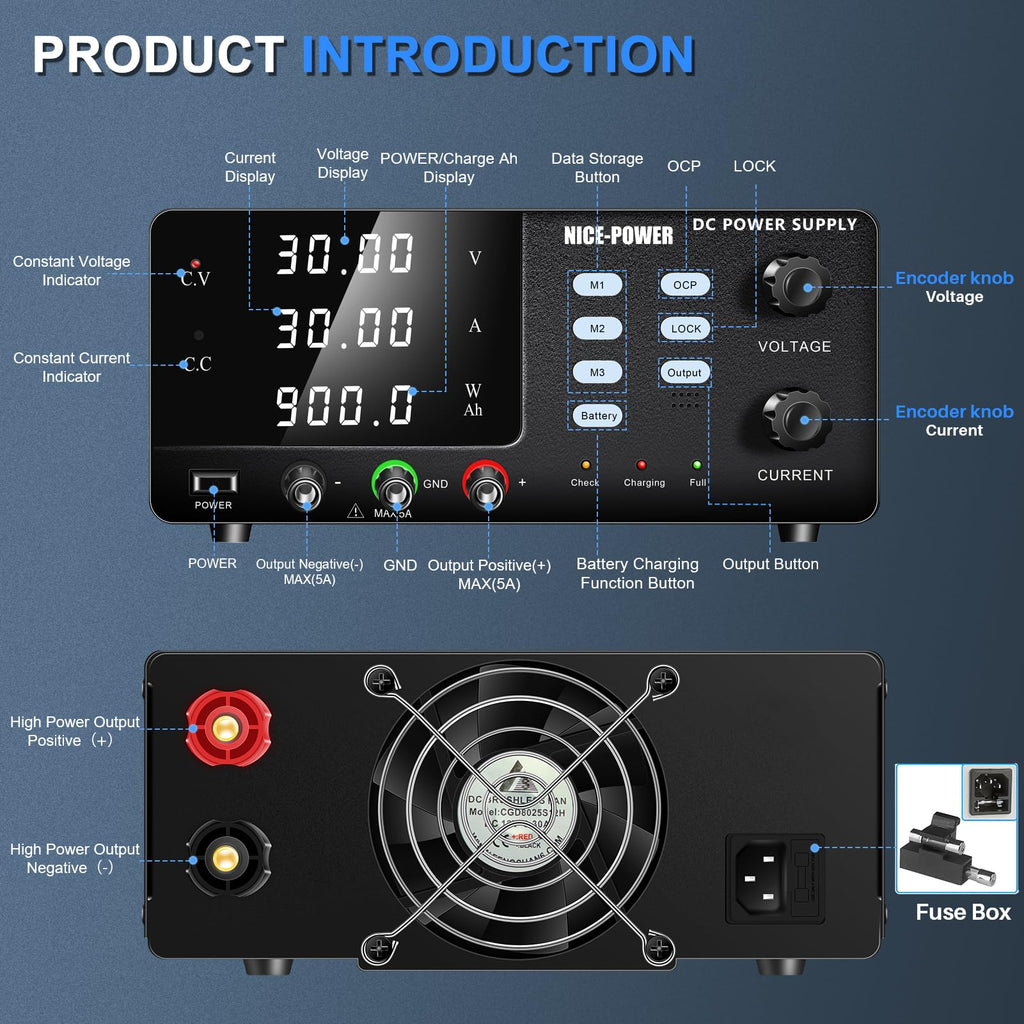 NICE-POWER DC Power Supply Variable, 30V 30A 900W High Power Bench Power Supply for Battery Charging, Adjustable Switching Regulated with OCP, Memory Storage, Output Switch, Lock Button