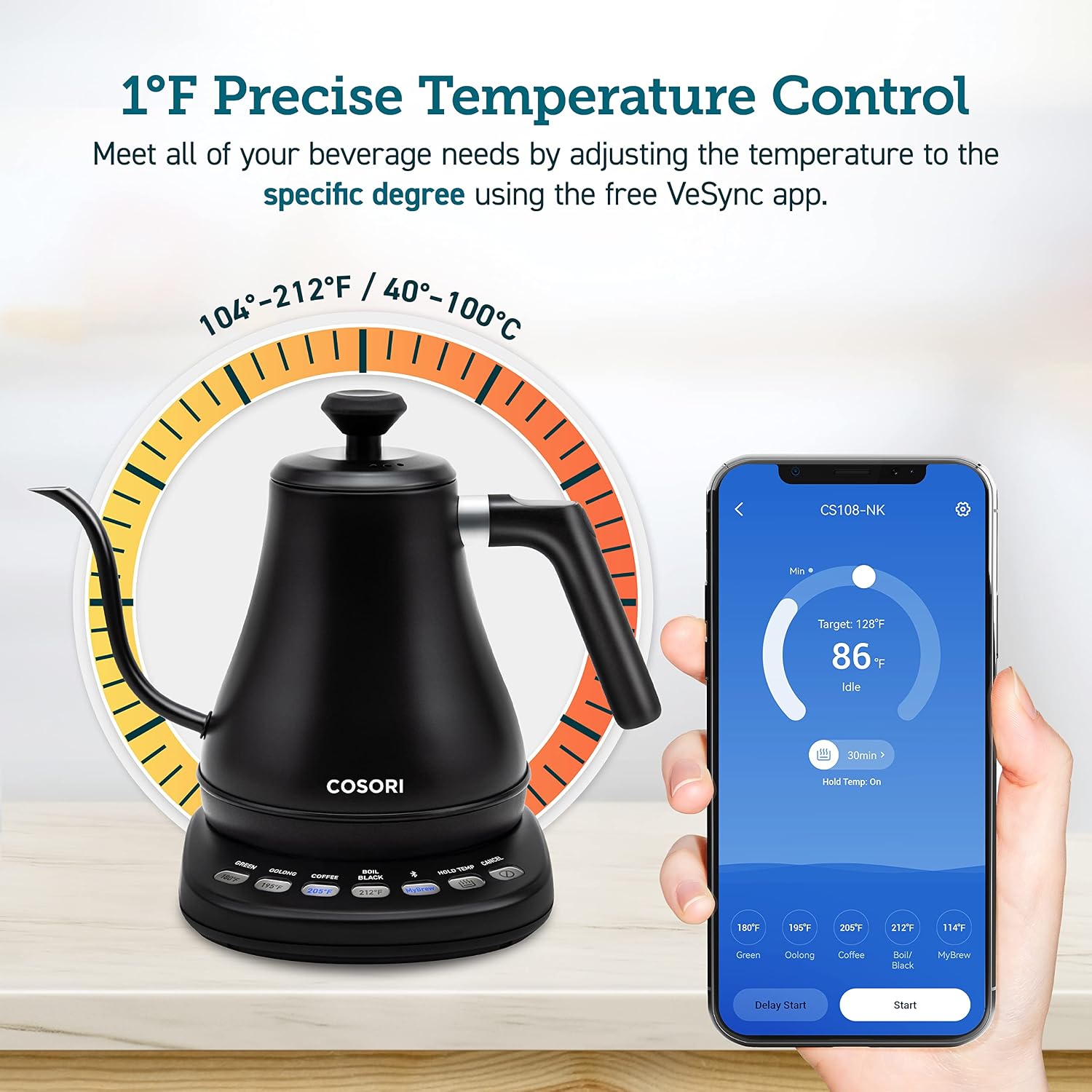 Smart Gooseneck Electric Kettle, App & Temperature Control, 0.8L | No Plastic Contact with Water, App Control, 4