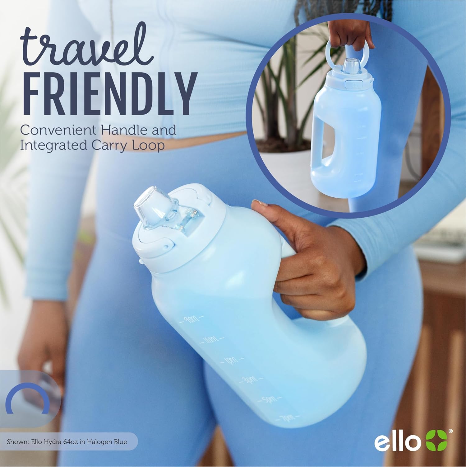 Hydra 64oz Half Gallon Water Jug with Handle and Motivational Time Markers for All Day Hydration, Plastic Reusable