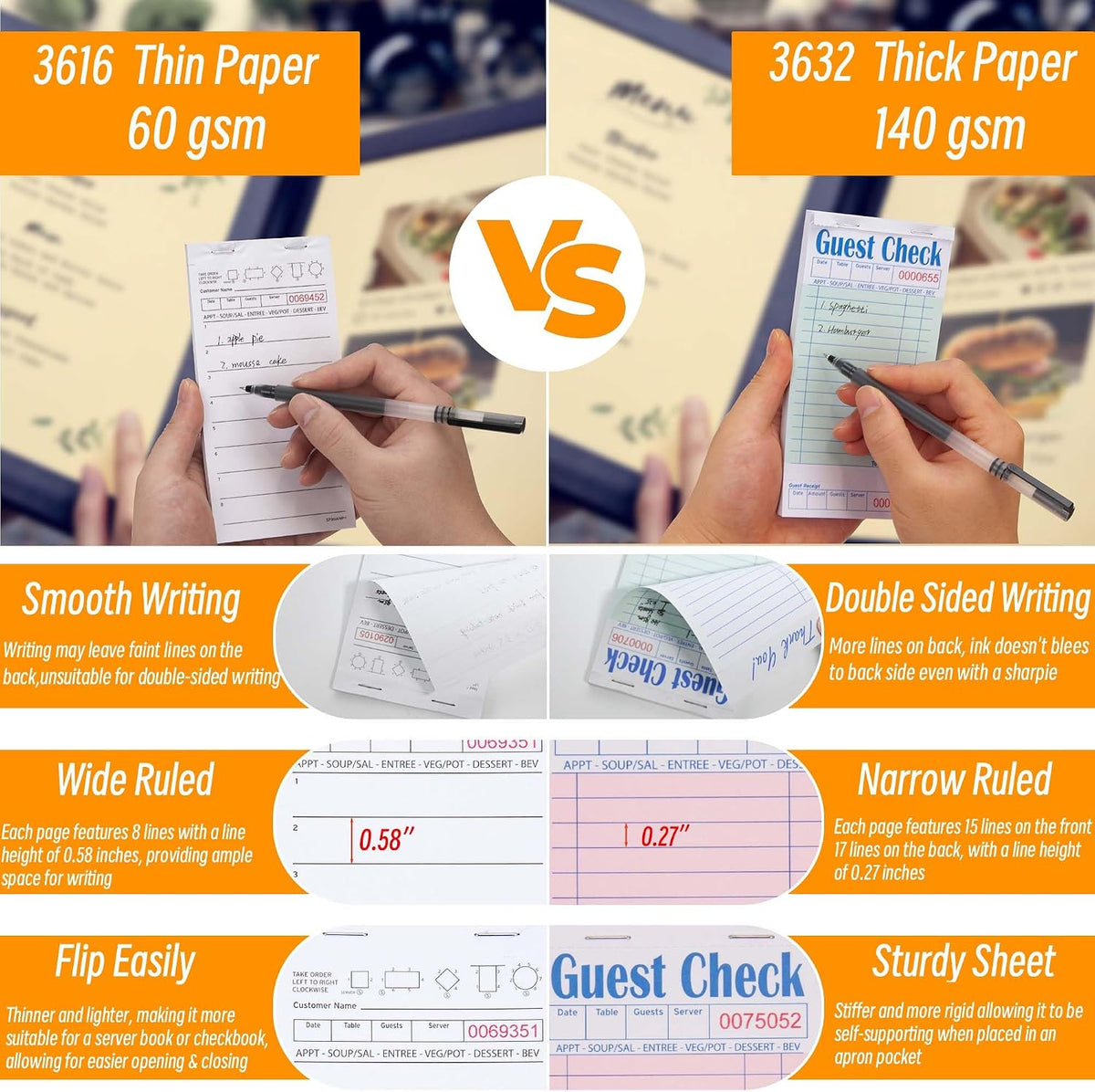 Guest Check Pads for Servers (Assorted-6 pads), 50 Sheets/Pad
