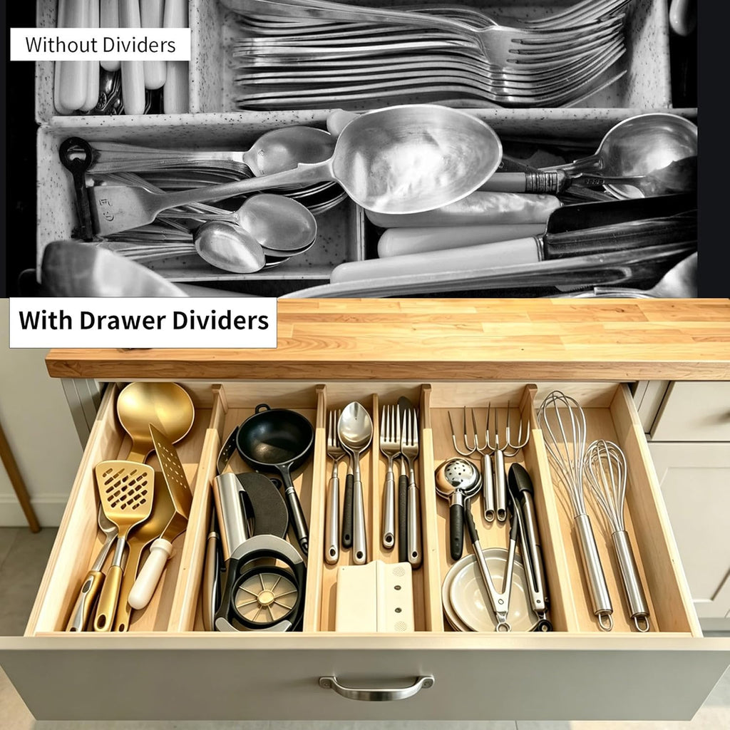 4 pcs Bamboo Kitchen Drawer Dividers Large, Adjustable Drawer Organizers, Spring Loaded, Expandable Organization