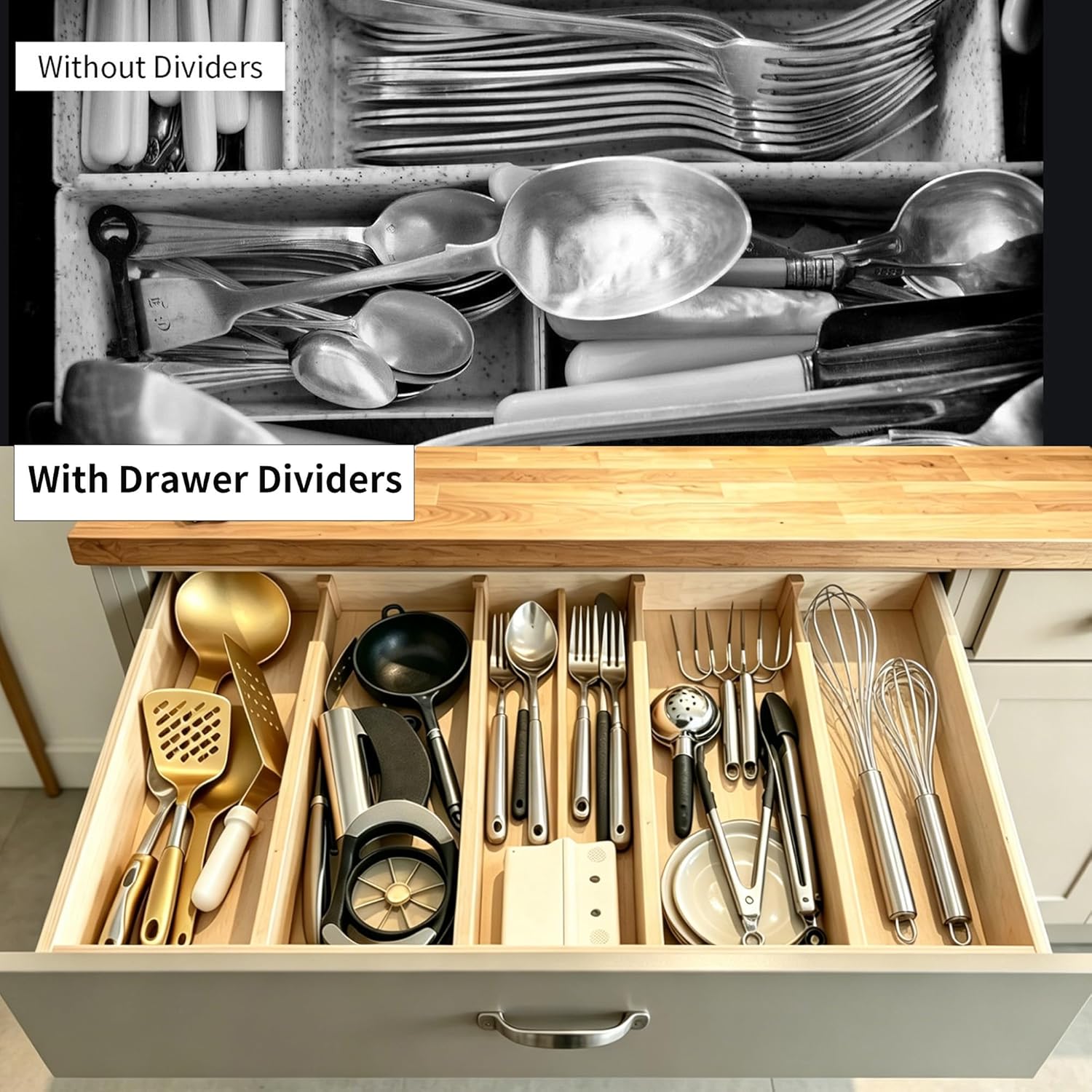 4 pcs Bamboo Kitchen Drawer Dividers Large, Adjustable Drawer Organizers, Spring Loaded, Expandable Organization