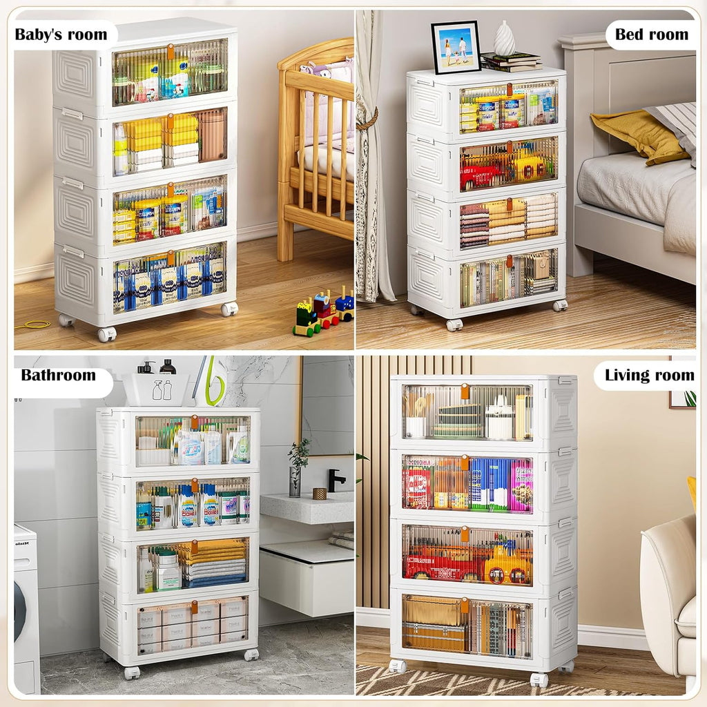 4 Tier Plastic Storage Bins with Lid 36QT, Stackable Storage Containers with Wheels, Folding Storage Boxes, Stackable