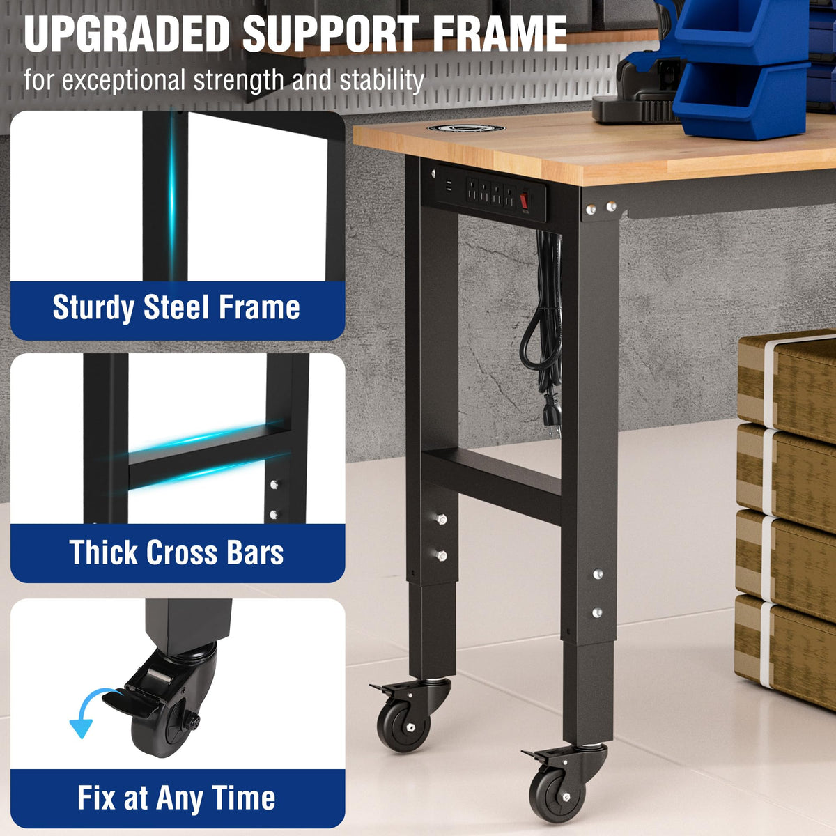 48" Adjustable Workbench with Wheels, Rubber Wood Top