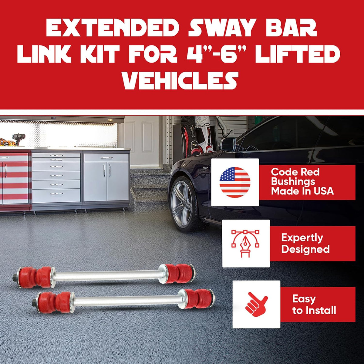 4‑6" Front Sway Bar Stabilizer CODE RED Heavy Duty End Link Kit for Extended Lifted Chevy Silverado Sierra 1500, 1500HD, 2500HD/3500HD, Avalanche 1500, Yukon, 2001‑2019 - Bushings Made IN USA