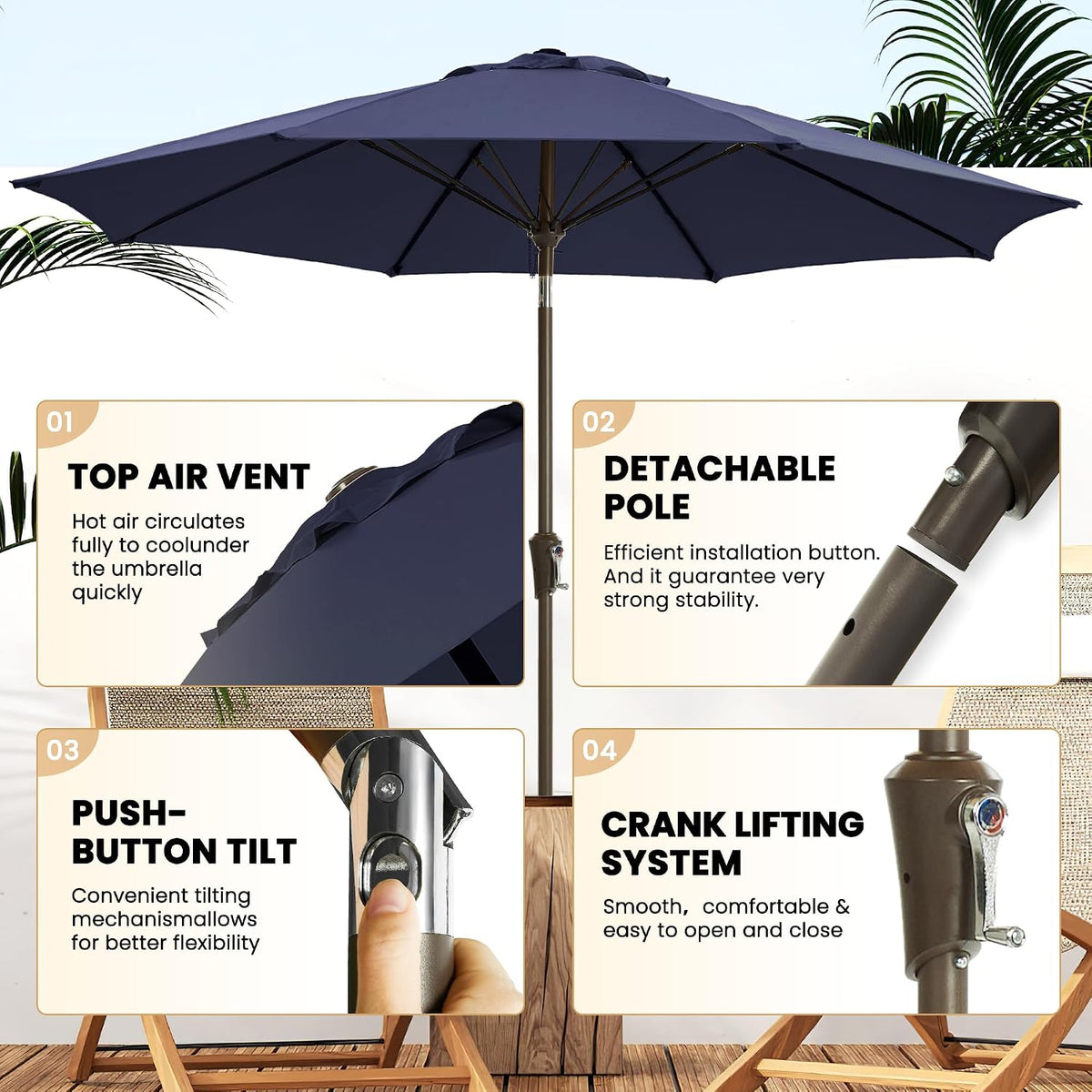 9 FT Outdoor Umbrella Patio Table Umbrella Fiberglass Frame Navy