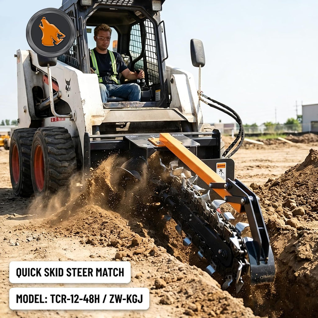 Skid Steer Attachment Trencher/Ditcher - 48"Trenching Depth, 8" Width, 15" Auger, Ideal for Utility & Irrigation