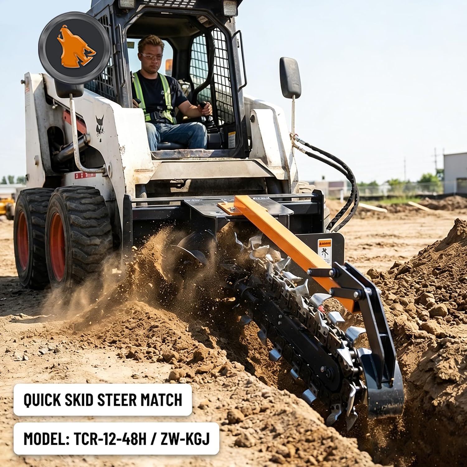 Skid Steer Attachment Trencher/Ditcher - 48"Trenching Depth, 8" Width, 15" Auger, Ideal for Utility & Irrigation