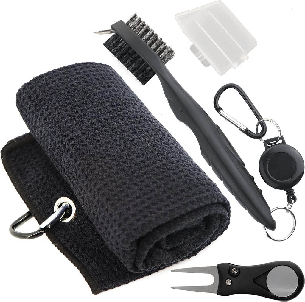 Golf Accessories Kit - Microfiber Waffle Pattern Golf Towel with Clip, Club Brush Groove Cleaner & Clip, Divot Tool