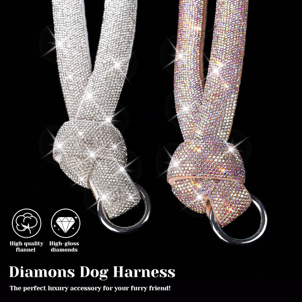 Rhinestone Dog Harness, Pink Leather No Pull Vest with Bling Multicolor Crystals, Adjustable Soft Walking Harness for