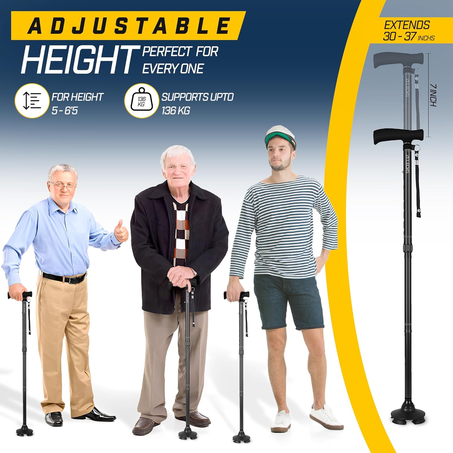 Walking Cane for Women & Men - Self Standing Adjustable Folding Cane with T Handle and 360 Pivot Base - Lightweight