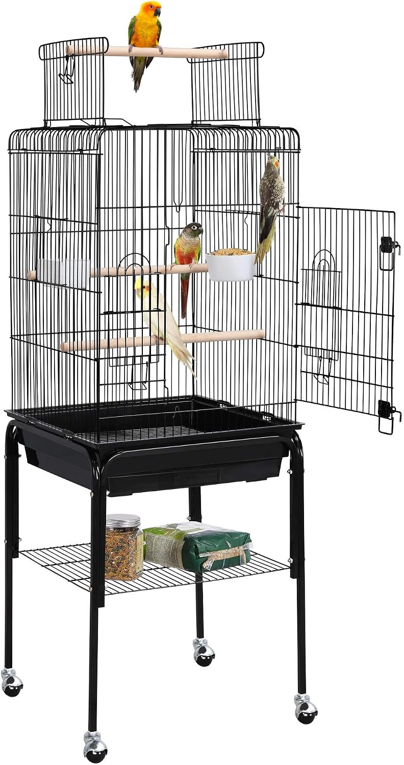 53.5" Open Top Parrot Bird Cage with Detachable Rolling Stand, Roof Play Flight Cage for Cockatiels, Sun Conures