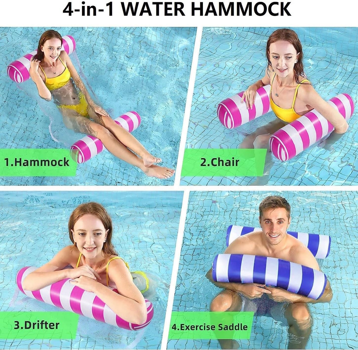 2-Pack Swimming Pool Float Hammock, Multi-Purpose Inflatable Hammock Pool Hammock (Saddle, Lounge Chair, Hammock