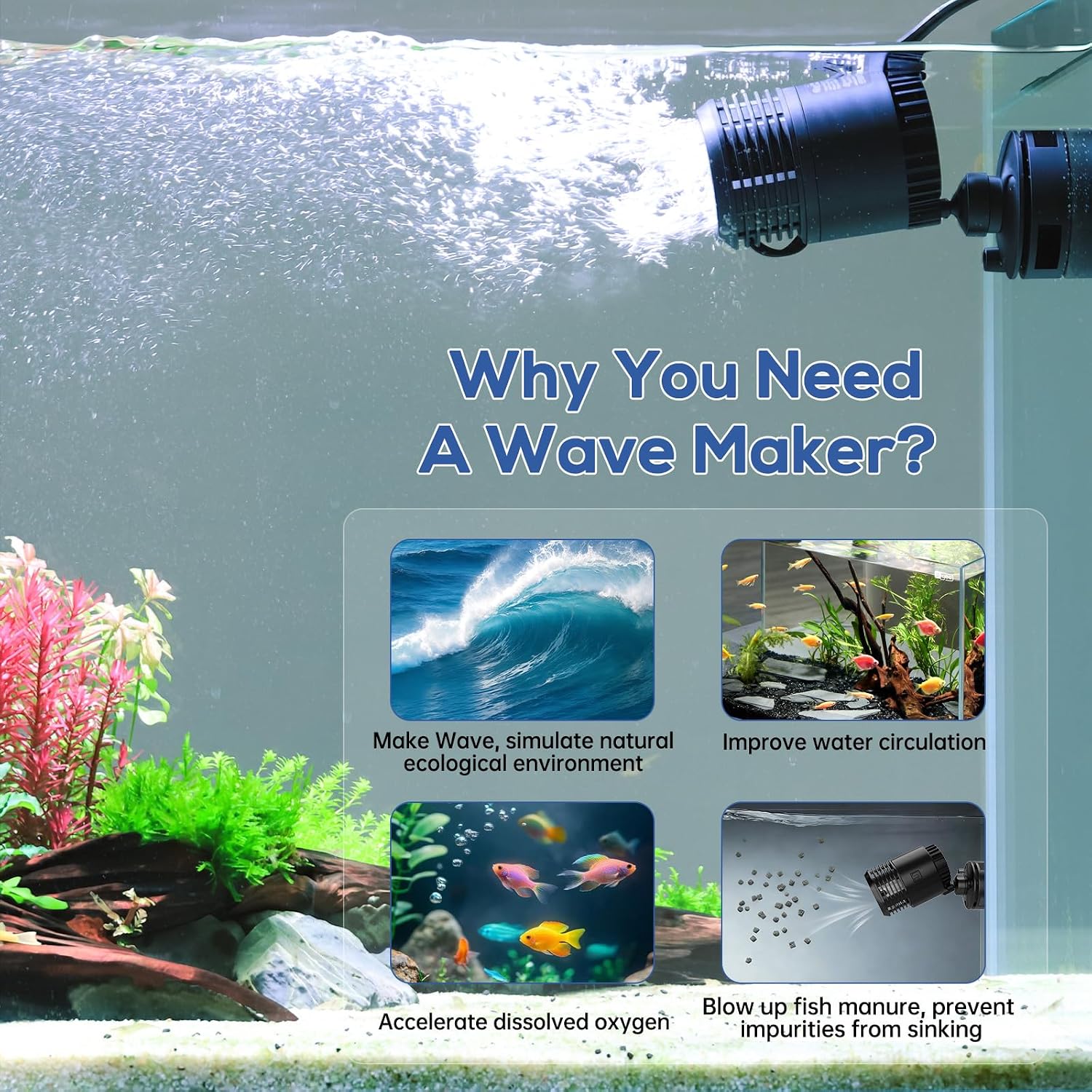 Aquarium Wave Maker 10W 1500GPH Submersible Water Circulation Pump with Magnetic Base, Quiet Rotating Powerhead for