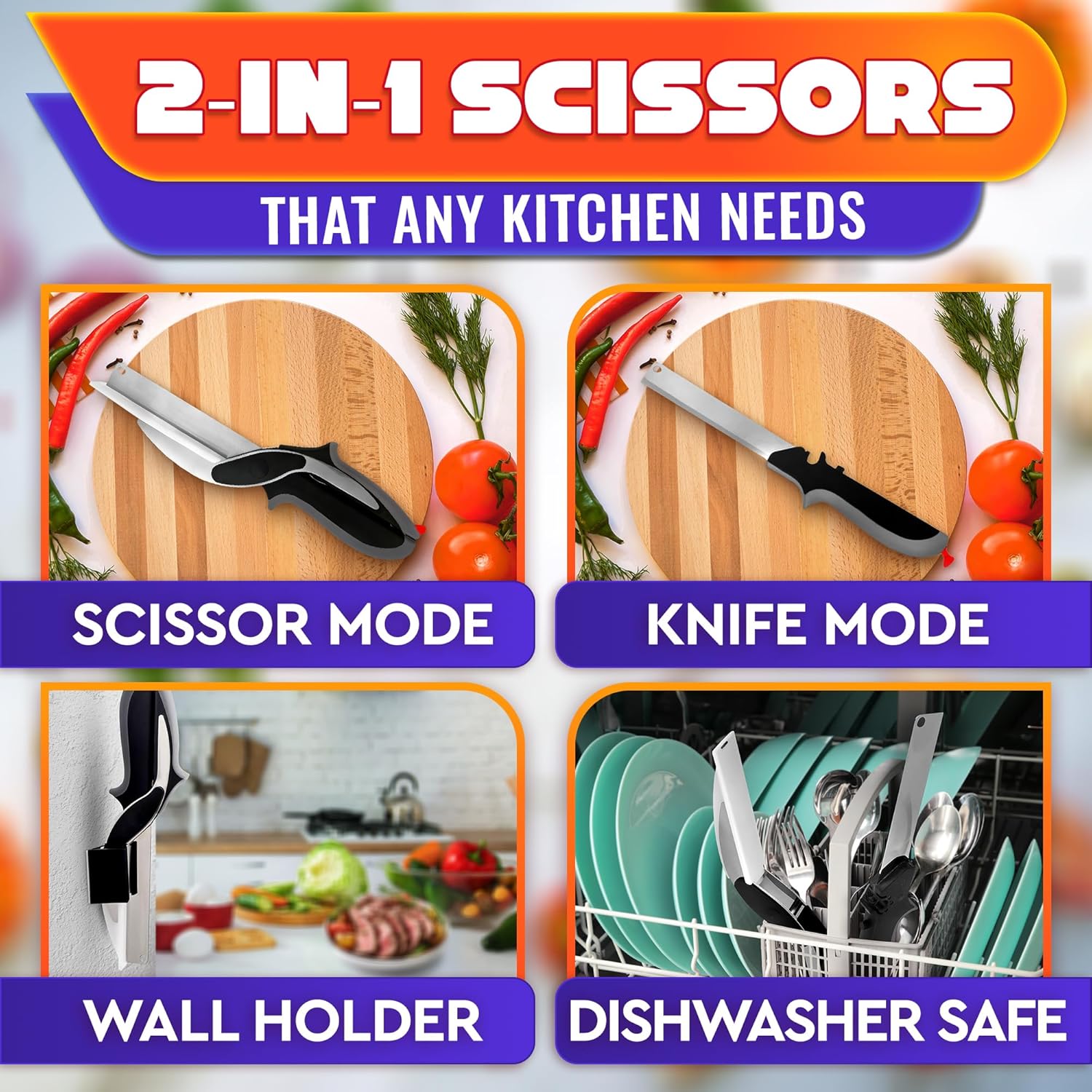 2 in 1 Kitchen Scissors for Food – Stainless Steel 9.5" Tomato Knife Chops Vegetables, Fruit, Cheese, Meat in Seconds