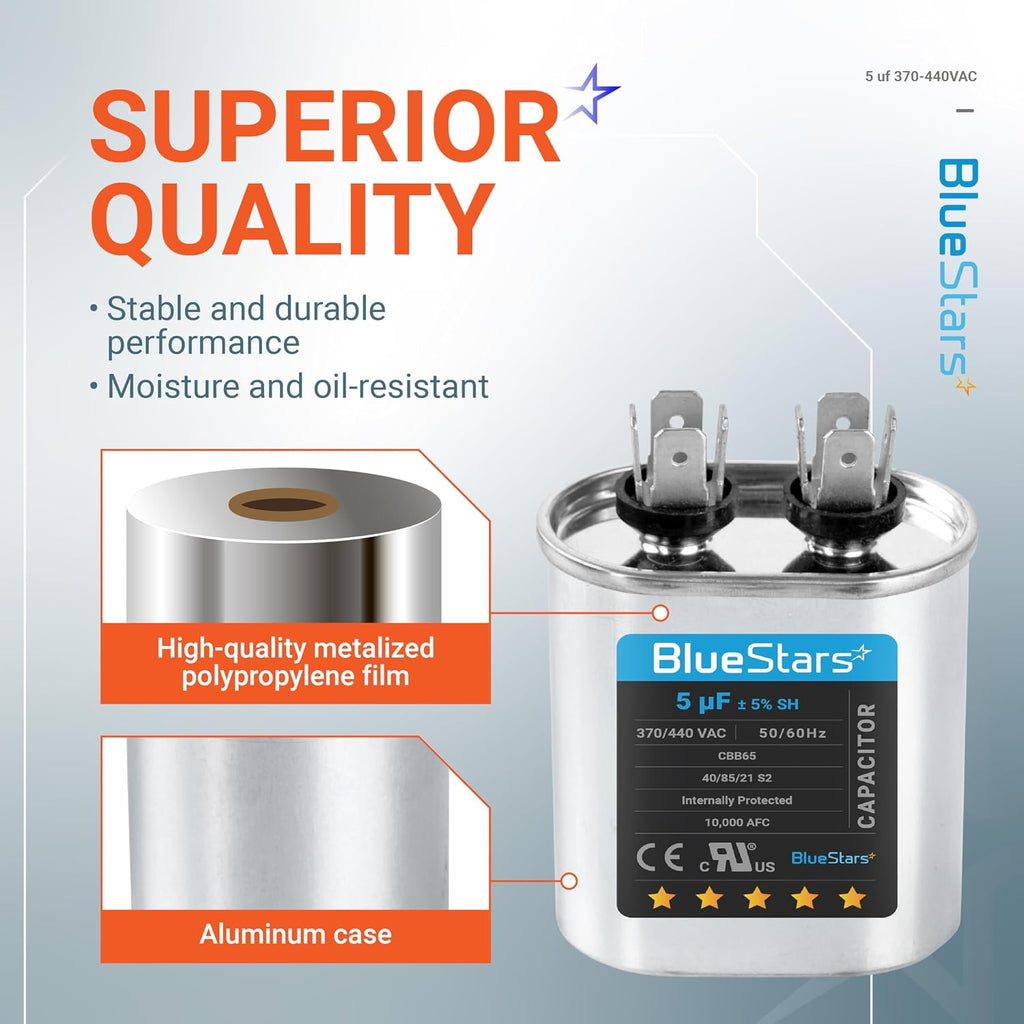 [2025 Upgraded] BlueStars 5 uF MFD ±5% 370-440VAC Oval Run Capacitor