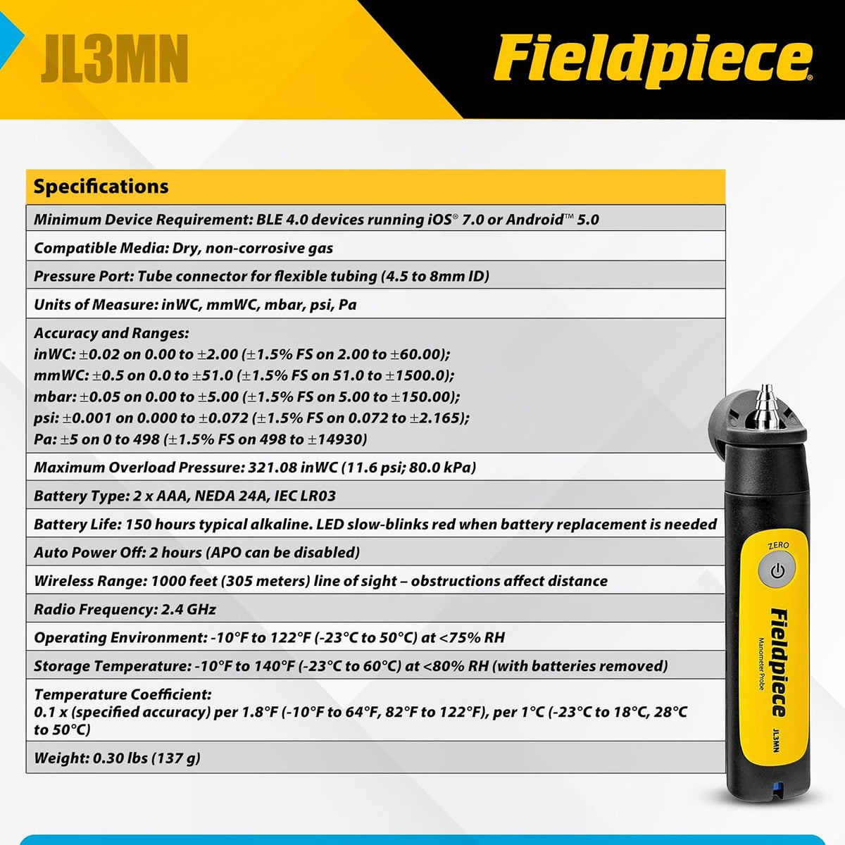 Fieldpiece JL3MN Job Link Wireless Single Port Manometer