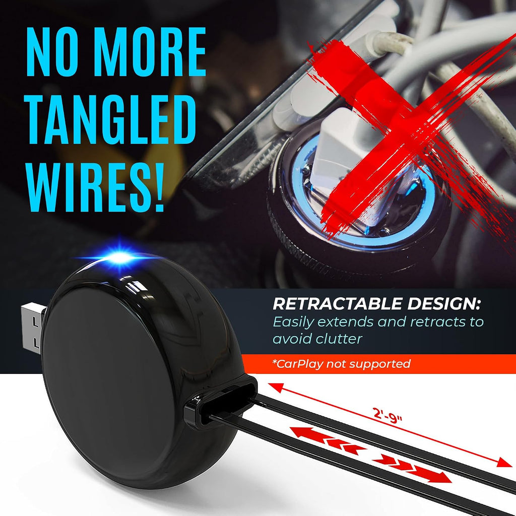 2-in-1 Retractable Charger for Car iPhone and Android, Wall Outlet or PC | Modern Car Charger Retractable Cord | 15W