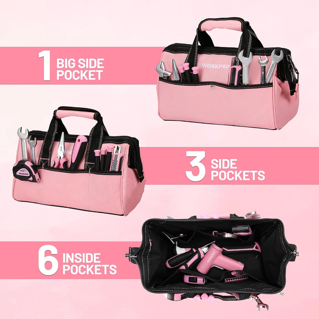 13-Inch Tool Bag, Pink Soft Cloth Tool Storage Bags, Wide Mouth Tool Tote Bag with Inside Pockets - Pink Ribbon