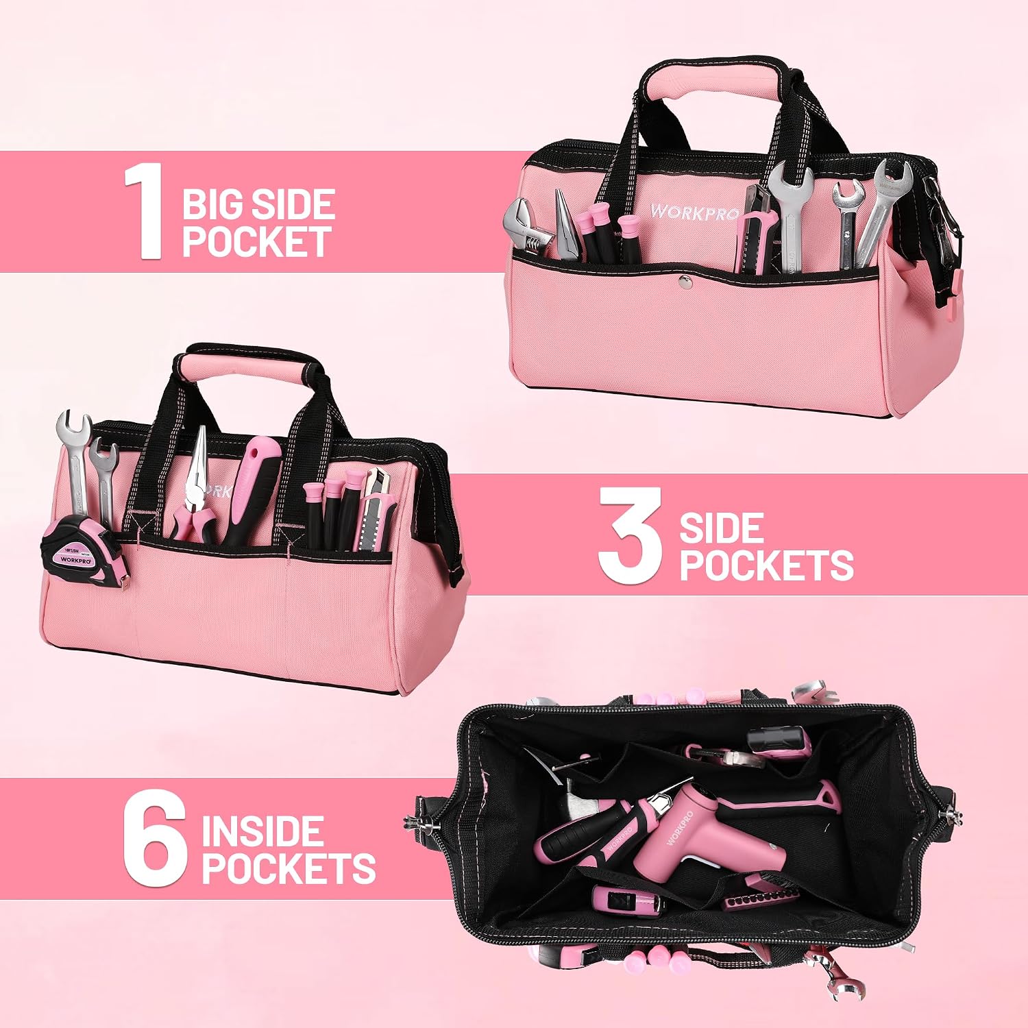 13-Inch Tool Bag, Pink Soft Cloth Tool Storage Bags, Wide Mouth Tool Tote Bag with Inside Pockets - Pink Ribbon