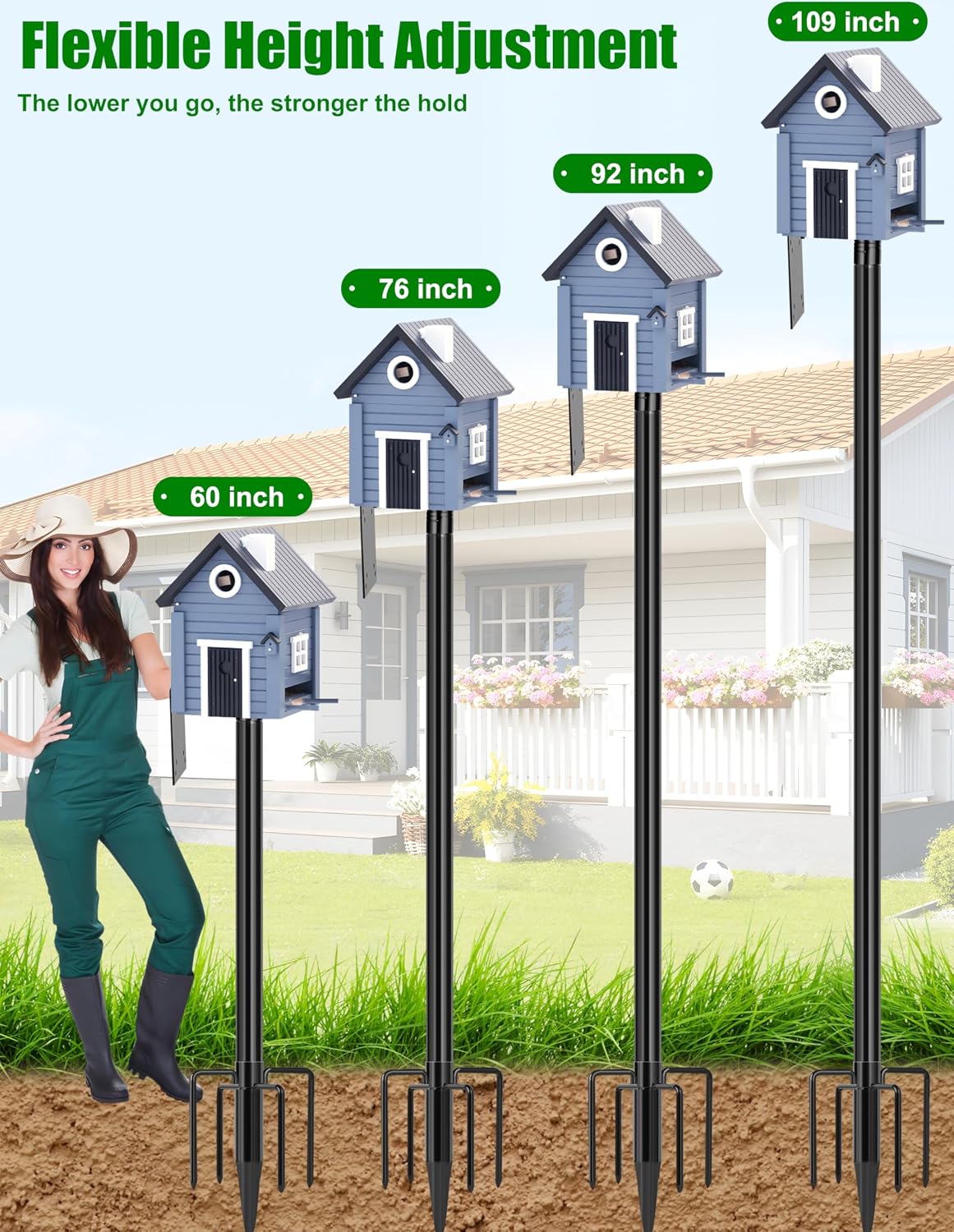 Bird House Pole, 1 Pack 109 Inch Metal Bird Feeder Pole for Outdoor, with 5-Prong Heavy Duty Base for Birdhouse