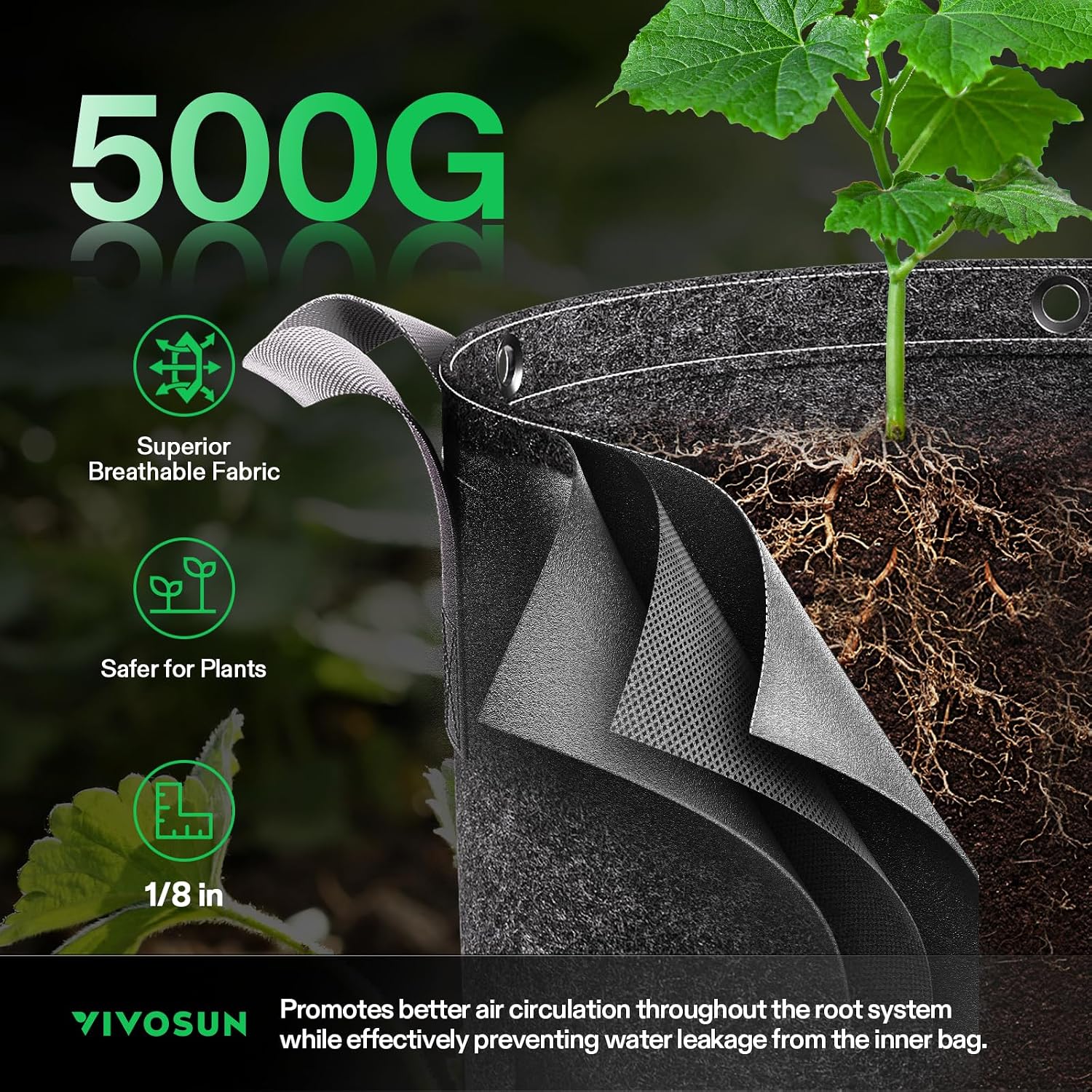 VIVOSUN 5-Pack 5 Gallon Grow Bags, 500G Thick Nonwoven Fabric Pots with Strap Handles, Multi-Purpose Rings, for Low