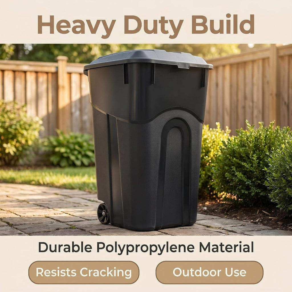 32 Gallon Wheeled Trash Can Heavy Duty Garbage Bin Attached Lid Black | Bottom Grip Handle;Easy Tilt & Dump