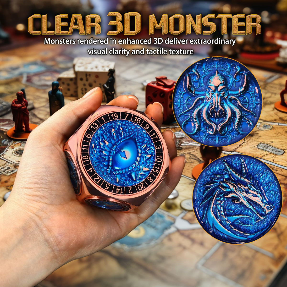 8-in-1 RPG Dice Set, Metal Spinner Dice with Dual D20, Copper Blue