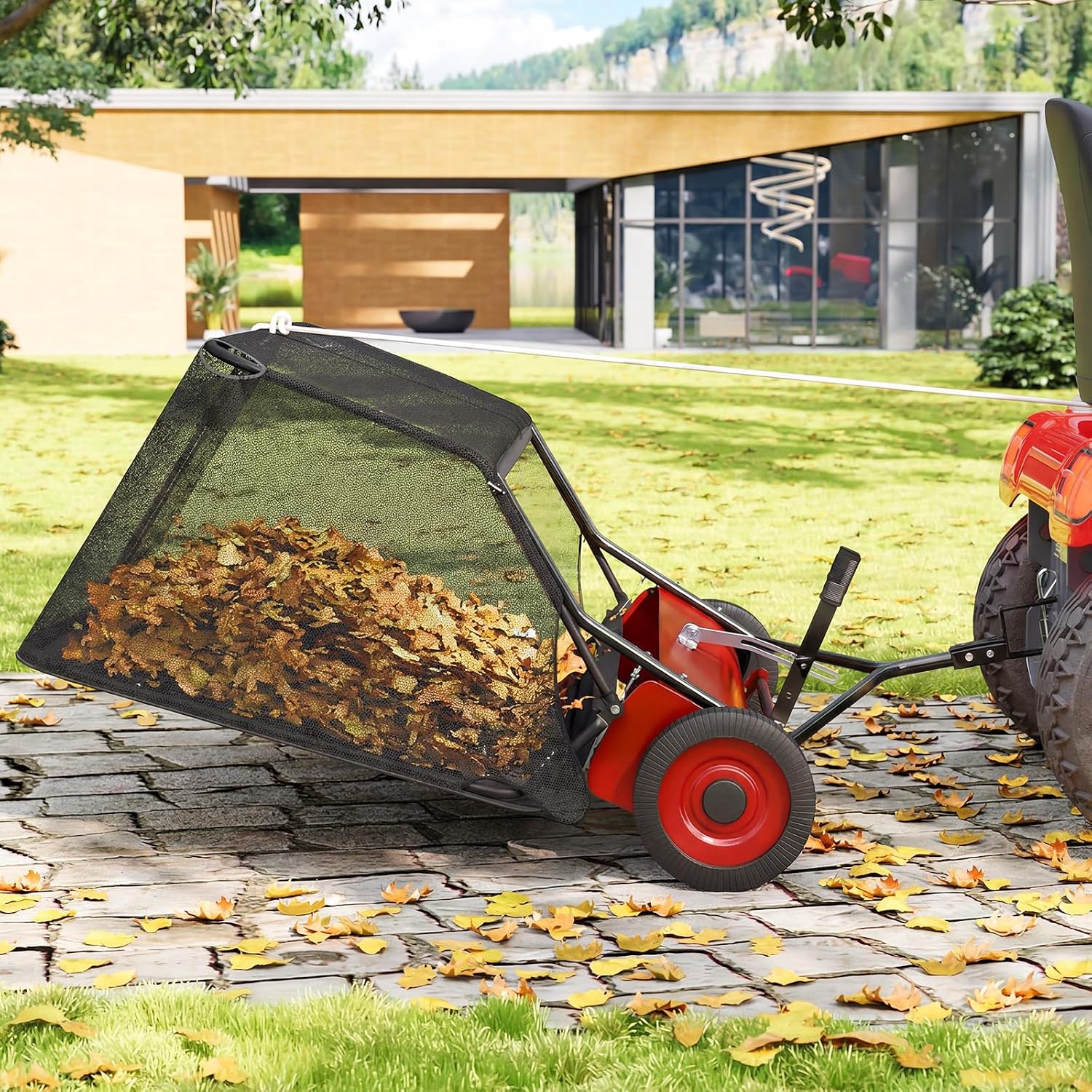 50" Lawn Sweeper Tow Behind,26 Cu ft Hopper Leaf & Grass Collector